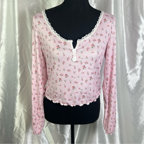 Tops - Floral Pink Long Sleeve Crop Top – Cottagecore Y2K Romantic Ruffle Blouse